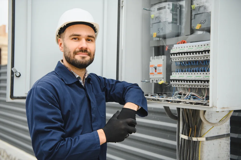 Elektriker mit Schutzhelm am Verteilerkasten